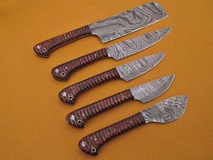 Juego de 5 Cuchillos de Cocina Hechos a Mano de Acero de Damasco con Hoja Recta y Punta Caída, con Mangos de Madera, Personalizables OEM/ODM/OBM - Product Image 3