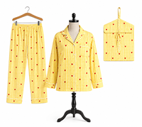Pyjama en coton à rayures jaunes et imprimé cœur mignon pour femme, ensemble de nuit à manches longues, chef-d'œuvre fait main, cadeau pour elle