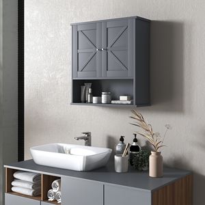 Armadietto da Bagno Grigio Stile Fattoria, Montato a Parete, con Ante Scorrevoli e Ripiano Regolabile in MDF, Ideale per Lavanderia - Product Image 2