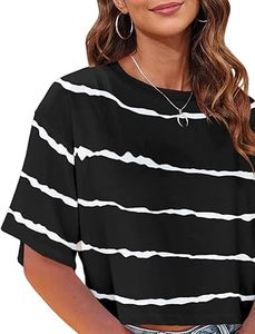 T-shirt court oversize élégant et tendance à rayures pour femme, coupe ample, en coton, idéal pour le sport, la gym, l'entraînement et les activités de plein air - Product Image 4