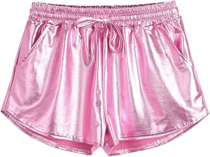 Shorts Metálicos Brillantes Y2K para Mujer, Cintura Elástica Media con Cordón Lateral, Fruncidos, Ecológicos, Transpirables, Ajustados y Sexys - Product Image 3