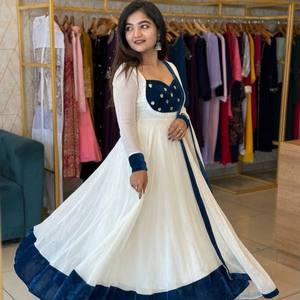 Women Elegant White Anarkali Gown with Blue Border Dupatta - Product Image 1
