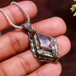 NIKHIL GEMS Aurora <b>Opal</b> Skull Locket <b>Pendant</b> Black Rhodium Sterling Silver Vintage Jewelry Gift Third Party Certified Engagement - Product Image 1