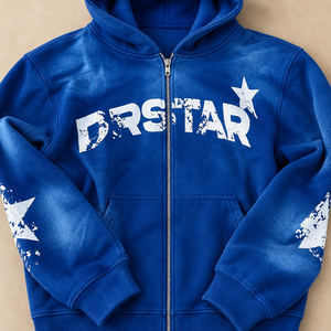 Sweat à capuche zippé bleu personnalisé pour homme, en molleton épais, coupe oversize, style streetwear, imprimé étoiles, veste décontractée d'hiver - Product Image 6