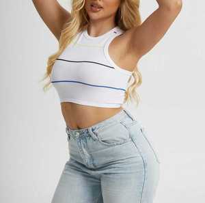 Custom Wholesale Women Ribbed <b>Striped</b> Crop <b>Top</b> Crew Neck Sleeveless Tank <b>Top</b> Summer Casual Slim Fit Racerback <b>Vests</b> <b>Tops</b> Outfits - Product Image 1