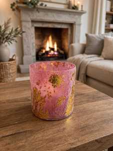 Pot à bougie en verre rose doré avec couvercle en bois, fait main, résistant à la chaleur, pour décoration de Noël et de la maison - Product Image 1