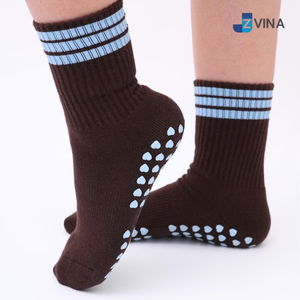 JZVINA Non-Slip Yoga <b>Socks</b> Crew Length <b>Brown</b> With Blue Stripes Anti-Slip Grip Bottom For Pilates Adults Summer Style - Product Image 3