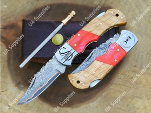 Cuchillo Plegable Hecho a Mano de Acero Damasco Sanmai con Mango de Madera de Olivo y Resina, Personalizable OEM/ODM, Venta al por Mayor, 6.5 Pulgadas de Longitud Total - Product Image 4