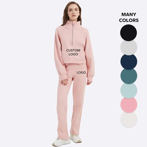 Chándal de manga larga con media cremallera, color liso, de algodón y elastano, corte holgado informal con estampado de logotipo personalizado - Product Image 1