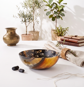 Bol décoratif vintage de luxe en corne de buffle sculptée à la main avec incrustation à pois |   Vaisselle artisanale écologique - Product Image 1