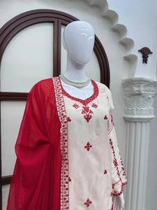 Embroidered Indian Pakistani Set Women Long <b>Top</b> Palazzo Dupatta Georgette Style Formal Wear Customizable - Product Image 4