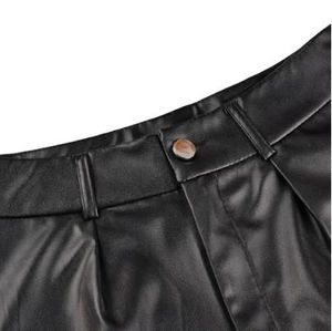 High Waist Black Leather Eco-Friendly Breathable Casual <b>Women's</b> Shorts with Zipper <b>Fly</b> Solid Pattern - Product Image 3