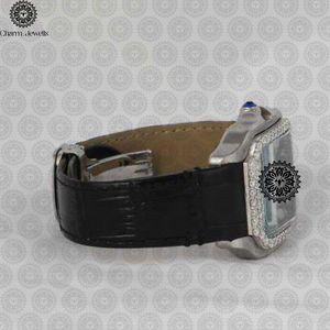 Charm Jewells Reloj cuadrado de lujo de acero inoxidable, 38 mm, bisel de diamantes, correa de cuero, cuarzo analógico, unisex - Product Image 2