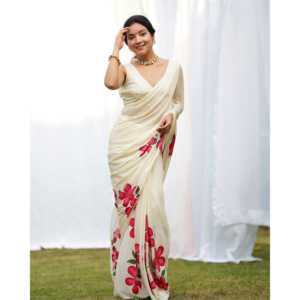 Sari en Georgette à Imprimé Floral, Collection de Mode Féminine Ethnique Indienne, Style Bollywood, pour Mariage, Fête, Remise de Diplôme, par un Designer - Product Image 3