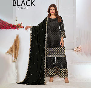 Dernière collection de vêtements ethniques indiens pour l'hiver, hauts, sharara et dupatta personnalisables pour les fêtes, en georgette avec broderie réversible. - Product Image 1