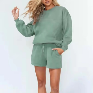 Conjunto Deportivo Verde para Mujer, Sudadera de Manga Larga con Cuello Redondo y Pantalones Cortos con Cordón y Bolsillos Laterales, Corte Holgado Informal para Primavera - Product Image 6