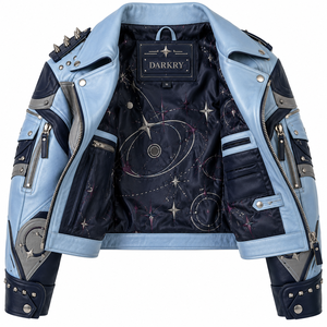 Blouson en cuir pour femme, bleu, imprimé graphique, à clous, style moto, service OEM/ODM personnalisé, fabrication sur commande - Product Image 5