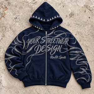 Custom Rhinestone Zip Up <b>Hoodie</b> Full Sleeve Custom Graphic Design <b>Oversized</b> Heavyweight <b>Fleece</b> Streetwear Hoodies Wholesale - Product Image 6