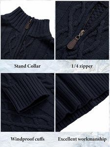 Men's Navy Blue <b>Cable</b> <b>Knit</b> Quarter Zip <b>Sweater</b> Regular Fit Wool Solid Color Casual Winter Pullover Stand Collar Anti-Pilling - Product Image 3