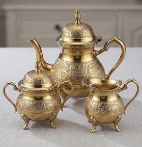 Luxury Brass <b>Tea</b> <b>Set</b> with Teapot, Cups, Saucers and Serving Tray – Traditional Indian Handcrafted Brass <b>Tea</b> & Coffee <b>Set</b> - Product Image 1