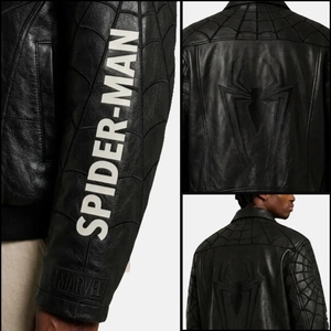 Veste de course en cuir noir Spider-Man |   Sangle en toile gaufrée et blouson de motard inspiré de Marvel, streetwear super-héros haute performance - Product Image 4