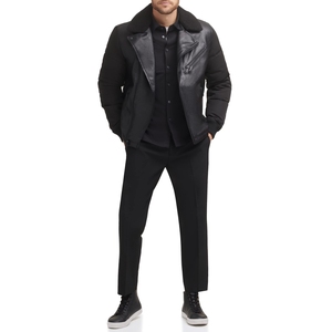 Men's Black Cow <b>Leather</b> Moto <b>Jacket</b> Turn-down Collar Zipper Closure Regular Sleeve <b>Winter</b> Biker Style Solid Color Thick Padding - Product Image 5