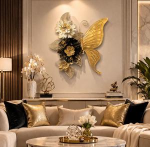 Gold Plated Butterfly Floral Wall <b>Art</b> Handmade Metal Decor Glam Style <b>Large</b> 33-40 Inch Home Decoration - Product Image 1