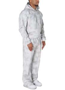 Winter Street Style Mid Waist Heavy Fleece Light Grey <b>Tie</b> Dye Tracksuit for Men Zip Up Hoodie and Sweatpants Set Streetwear - Product Image 3