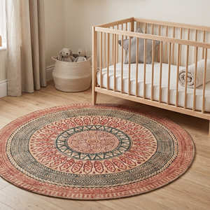 Alfombra de Yute Trenzada con Estampado de Mandala Colorido para Sala de Estar, Estilo Contemporáneo, Orgánico, Moderno y Nórdico - Product Image 1