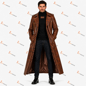 <b>Men's</b> <b>Brown</b> Leather Breathable <b>Trench</b> <b>Coat</b> with Belt Turn-down Collar Double Breasted Design Fashion Streetwear Custom OEM - Product Image 2