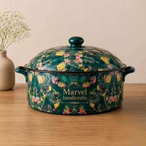 Casserole de service en émail vert floral Marvel Handicrafts avec couvercle et poignées latérales, ustensile de cuisine décoratif haut de gamme pour la cuisine et la salle à manger - Product Image 1