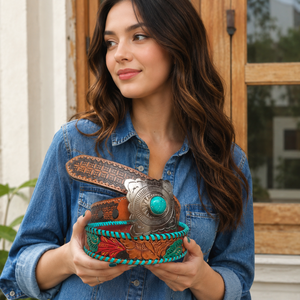 High Quality Leather <b>Belts</b> Hand <b>Tooled</b> Carving Stylish Turquoise Color <b>Belts</b> - Product Image 5