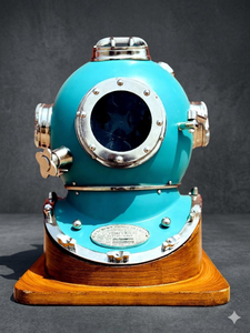 Casco de Buceo Azul Cielo con Base de Madera, Casco de Buceo Profundo, Decoración Náutica Vintage, Decoración Marítima - Product Image 6