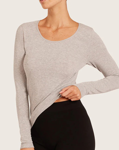 T-shirt en tricot à manches courtes et col rond gris pour femme, coupe classique, streetwear, couleur unie, respirant, coton écologique 220g - Product Image 2