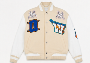 Off-White Beige PU Leather Varsity Jacket Embroidered Letter Patches <b>Turn</b>-Down Collar <b>Button</b> Closure Preppy Style Winter Wear - Product Image 3