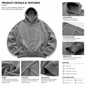 High Quality Custom <b>Men's</b> Fleece <b>Pullover</b> Hoodie Relaxed Fit Panel Stitch Oversized Fit Long Sleeve Sweatshirts for B2B Sourcing - Product Image 5