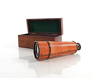 Handheld Telescope in <b>Wood</b> <b>Box</b>-Brown Leather Engraved Multifunction Design - Product Image 4