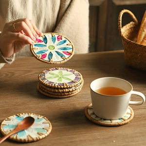 Rattan <b>Coasters</b> and place mats with mother of pearl inlay handmade rattan shell material square shape - Product Image 4
