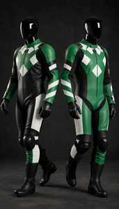 Combinaison de course moto en cuir bicolore vert et noir unisexe adulte une pièce - Product Image 4