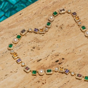 Collier tennis de luxe multicolore en moissanite et pierres précieuses, en argent sterling 925 plaqué or, avec halo de perles, pour femme - Product Image 3
