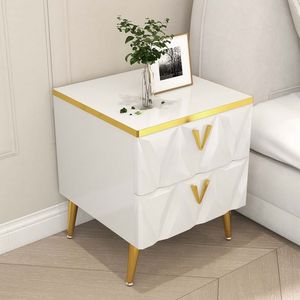 Comodino nordico bianco a 2 cassetti piccolo comodino con sfaccettature a V e mobili per camera da letto in oro - Product Image 1