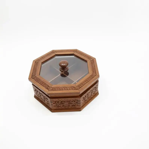 Boîte à épices en bois sculptée à la main avec couvercle en verre |   Boîte à masala à 6 compartiments | - Product Image 4