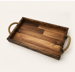 Bandeja de servir rectangular rústica de madera con asas de cuerda de yute duraderas, estilo rústico, bandeja de madera hecha a mano para mesa de café - Product Image 3