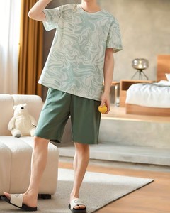 Conjunto de Pijama de Verano para Hombre, Manga Corta, Cuello Redondo, Estampado, Tejido de Poliéster, Ropa de Dormir Informal, Transpirable, Ligeramente Elástica, Verde - Product Image 3