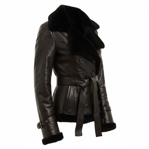 Veste en cuir de daim pour femme avec fourrure de renard, style Bellivera, doublure en sherpa, ceinture amovible, veste en cuir d'agneau véritable - Product Image 4