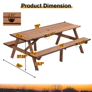 Tavolo da Picnic Moderno Rettangolare in Legno per 8 Persone con 2 Panche Integrate, Capacità 1000kg, per Campeggio, Giardino, Cene all'Aperto, Fai-da-Te - Product Image 3