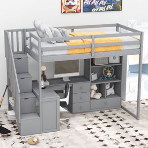 Letto a soppalco singolo con scrivania a L e cassetti, armadio contenitore grigio e scala - Mobili per bambini - Product Image 3