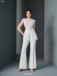 Women's <b>White</b> High Rise Tailored <b>Flared</b> Office Pants Wide Leg Elegant Formal Business Wear Premium <b>Trousers</b> ALVA - Product Image 3
