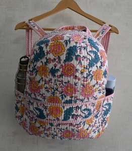 Handmade Block Printed Quilted Cotton <b>Backpack</b> Animal Prints Zipper Spacious Lightweight Durable Multi-Pocket School <b>College</b> - Product Image 5