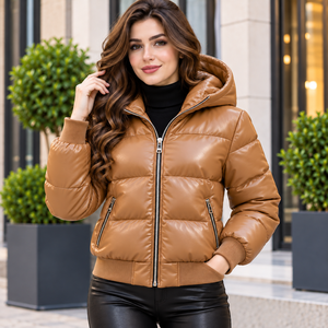 Chaqueta de Cuero Acolchada para Mujer con Capucha, Abrigo de Invierno con Cierre de Cremallera y Diseño Elegante - Product Image 1